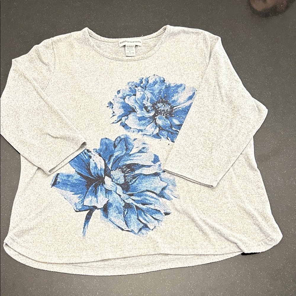 Cathy Daniels Gray Top with Blue Floral Design